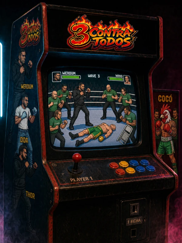 Fliperama de 3 Contra Todos com arte de Werdum, Dida, Thor e Cocó