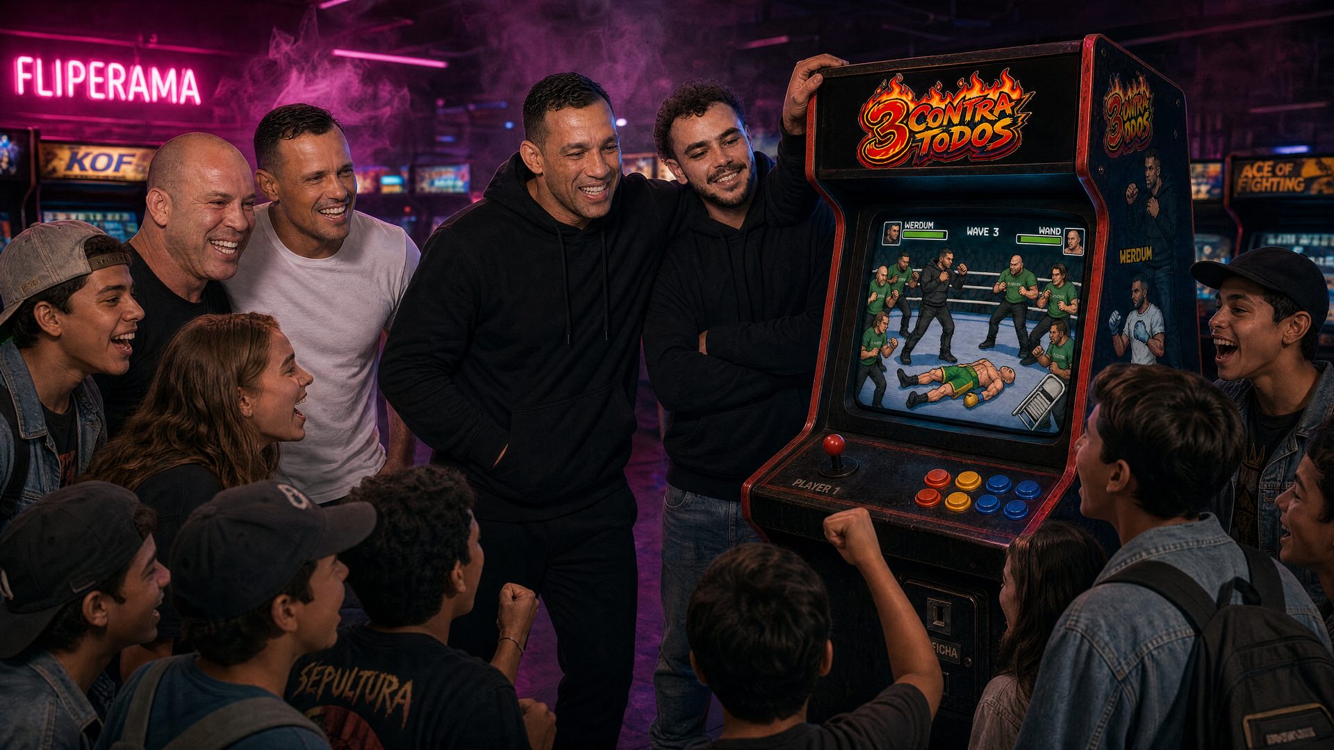 Werdum, Dida, Thor e Wand jogando 3 Contra Todos em um fliperama cercados de fãs